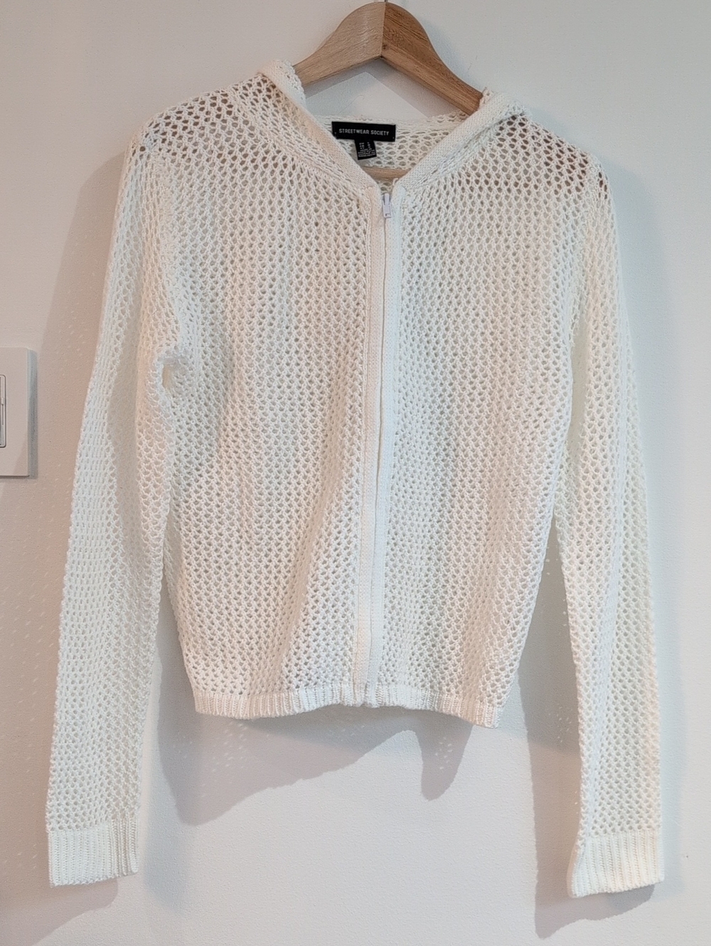 Streetwear Society Women's Cream Open-Knit Zip Hoodie Sweater